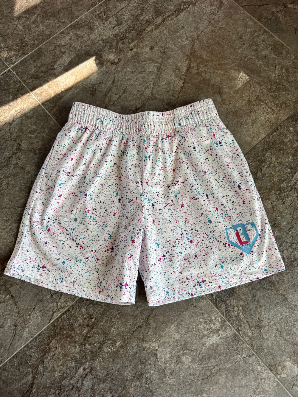 Baseball 101 Kids White Splatter Shorts with Pink & Teal Accents